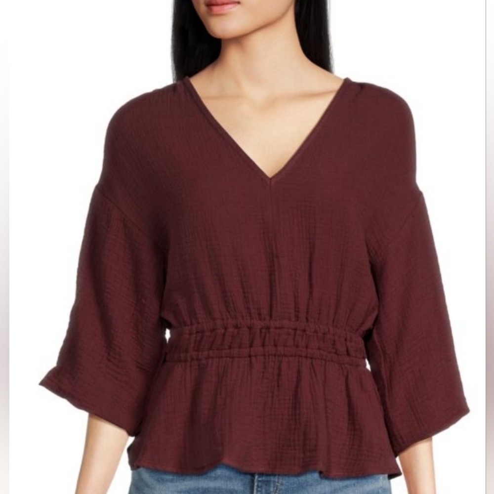 JOES JEANS Top Smocked Flounce Wine Burgundy NEW